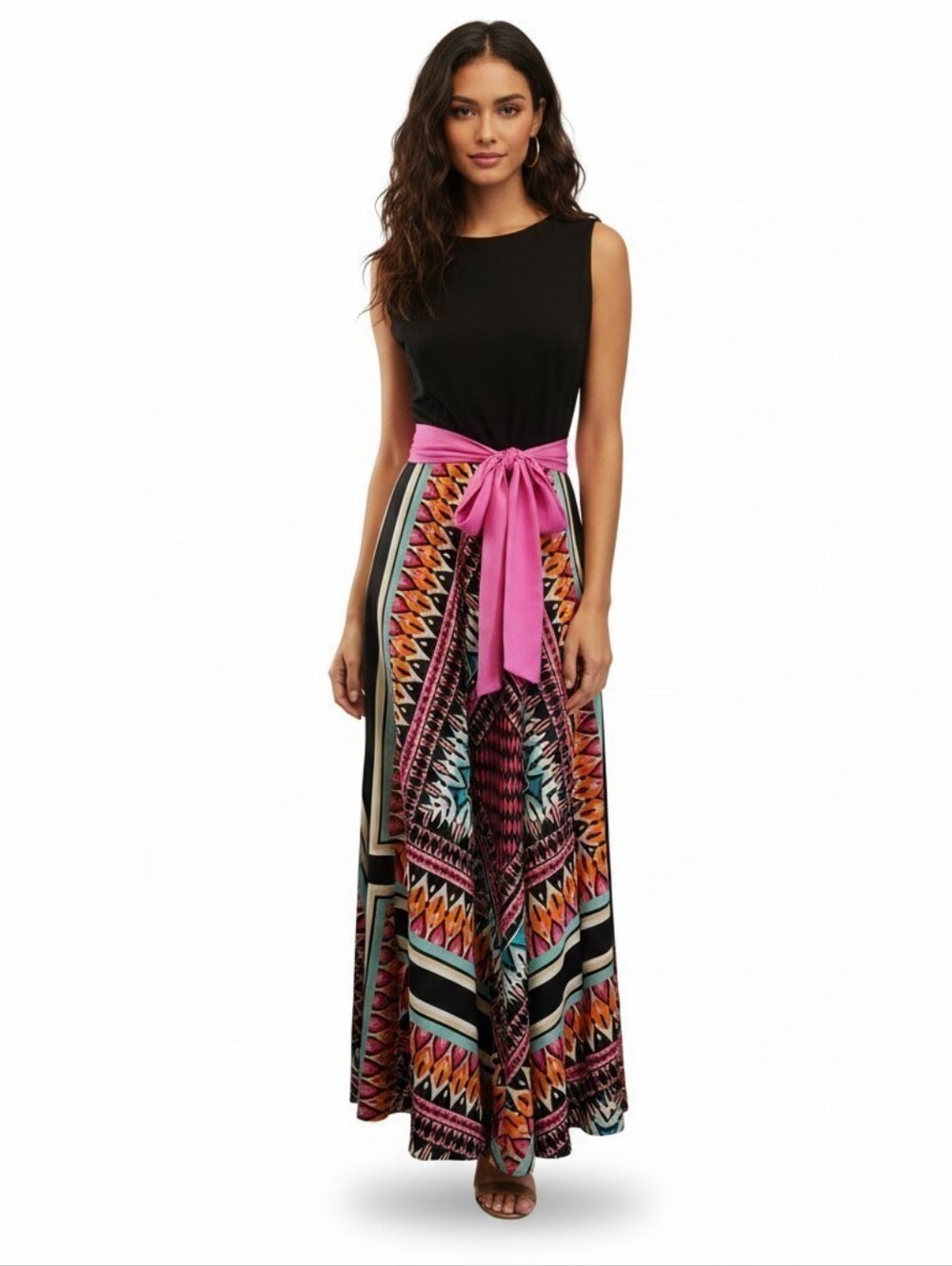 Eliza J Scarf Print Mixed Media Geomatric Boho Maxi Dress Pink Sash Size 14